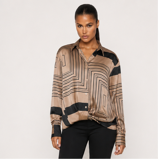 Geo Print Collared Button Down Long Sleeve Shirt