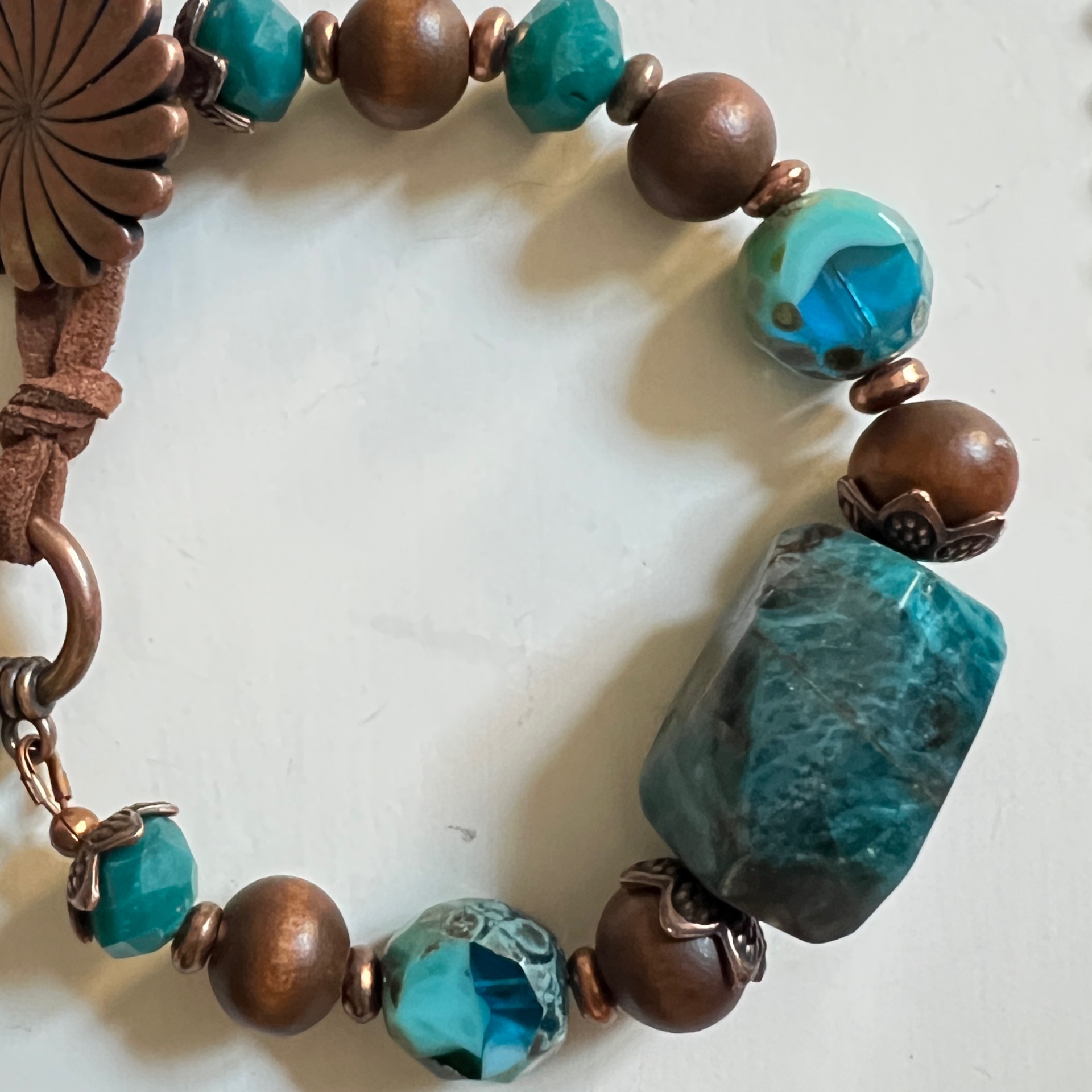 Polygonal Apatite & Czech Glass, Thuja Wood & Copper Spiral Button