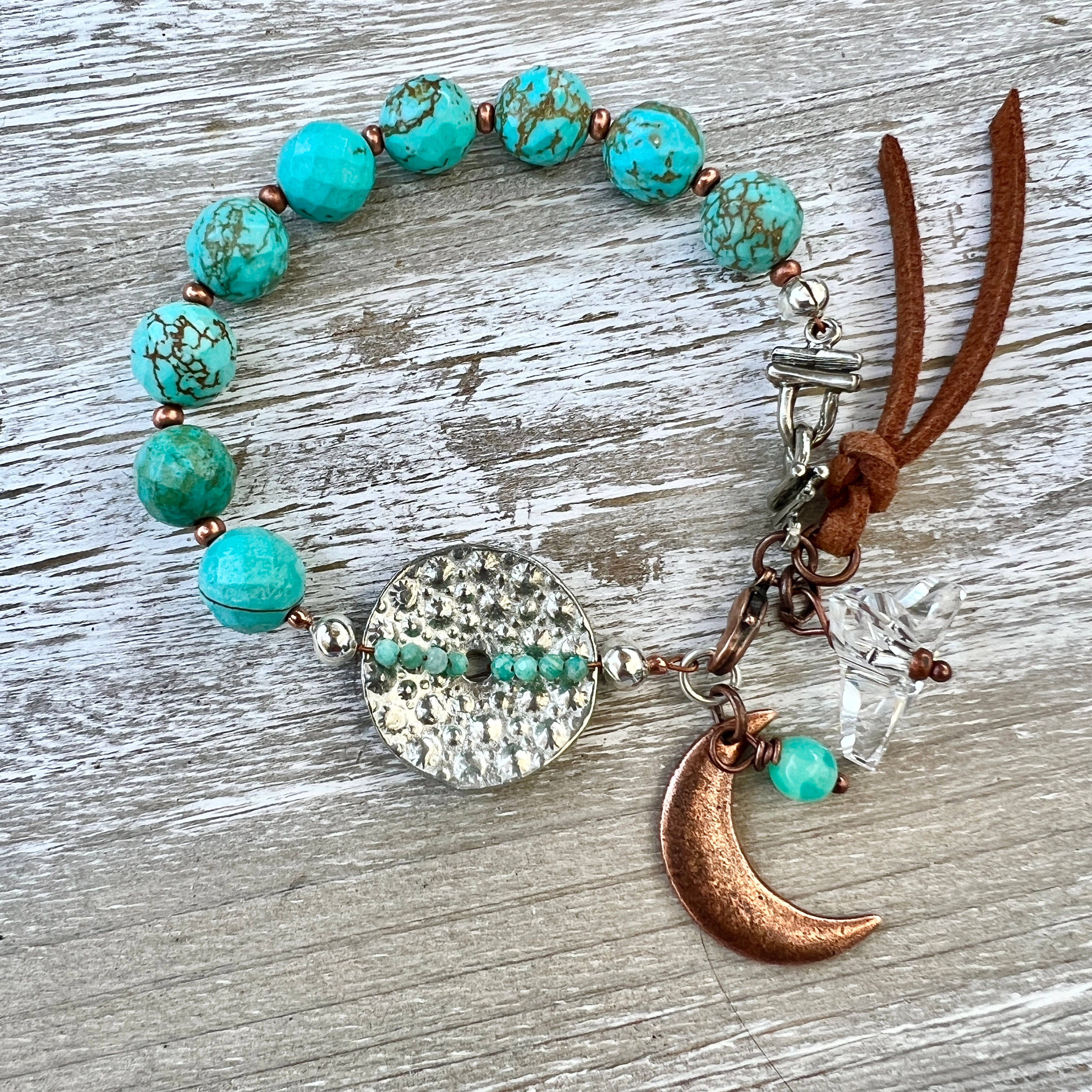 7" Faceted Turquoise Magnesite & Vintaj Moon & Austrian Crystal