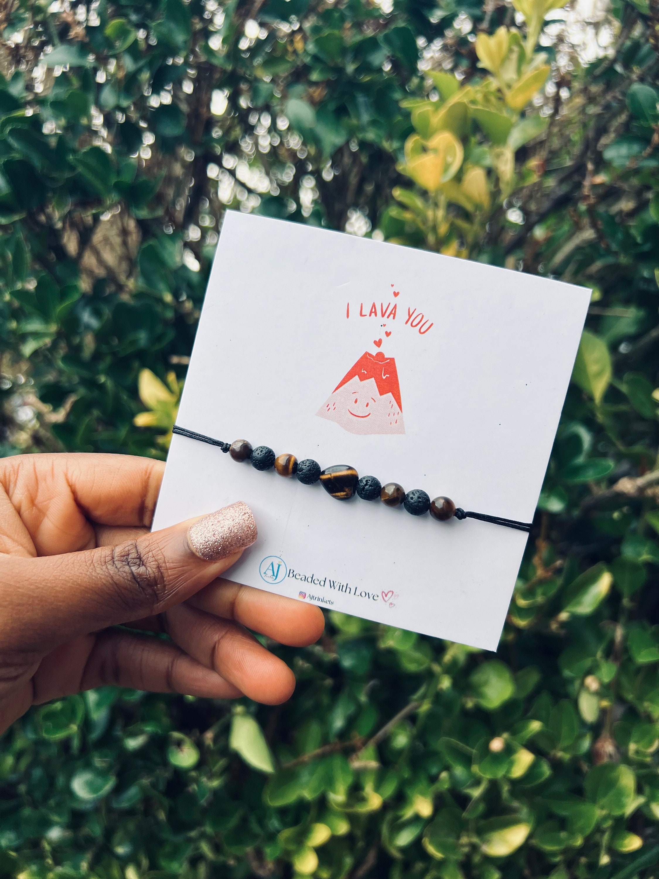 Handmade Lava Rock & Tiger Eye Adjustable Bracelet, Valentine’s Day gift view 2