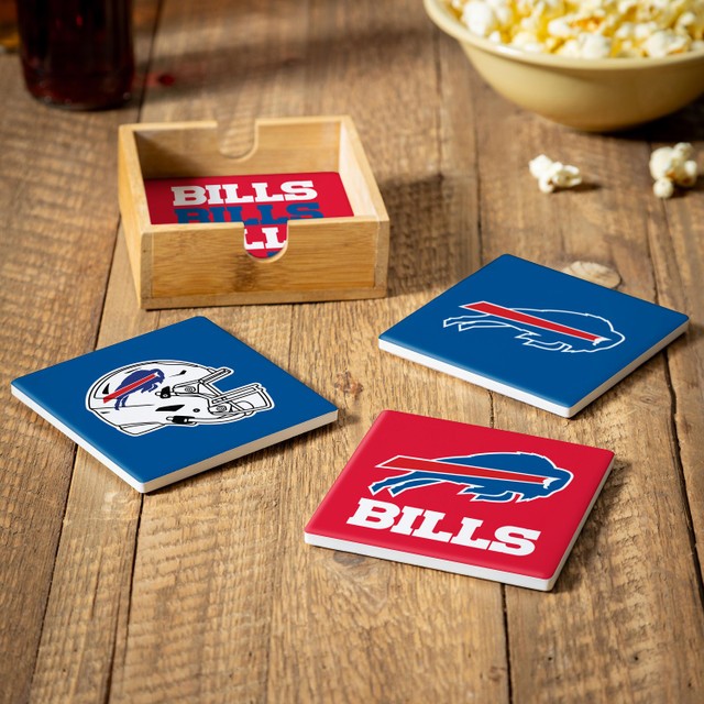 Buffalo Bills 4 Piece Coaster Set with Wood Caddy