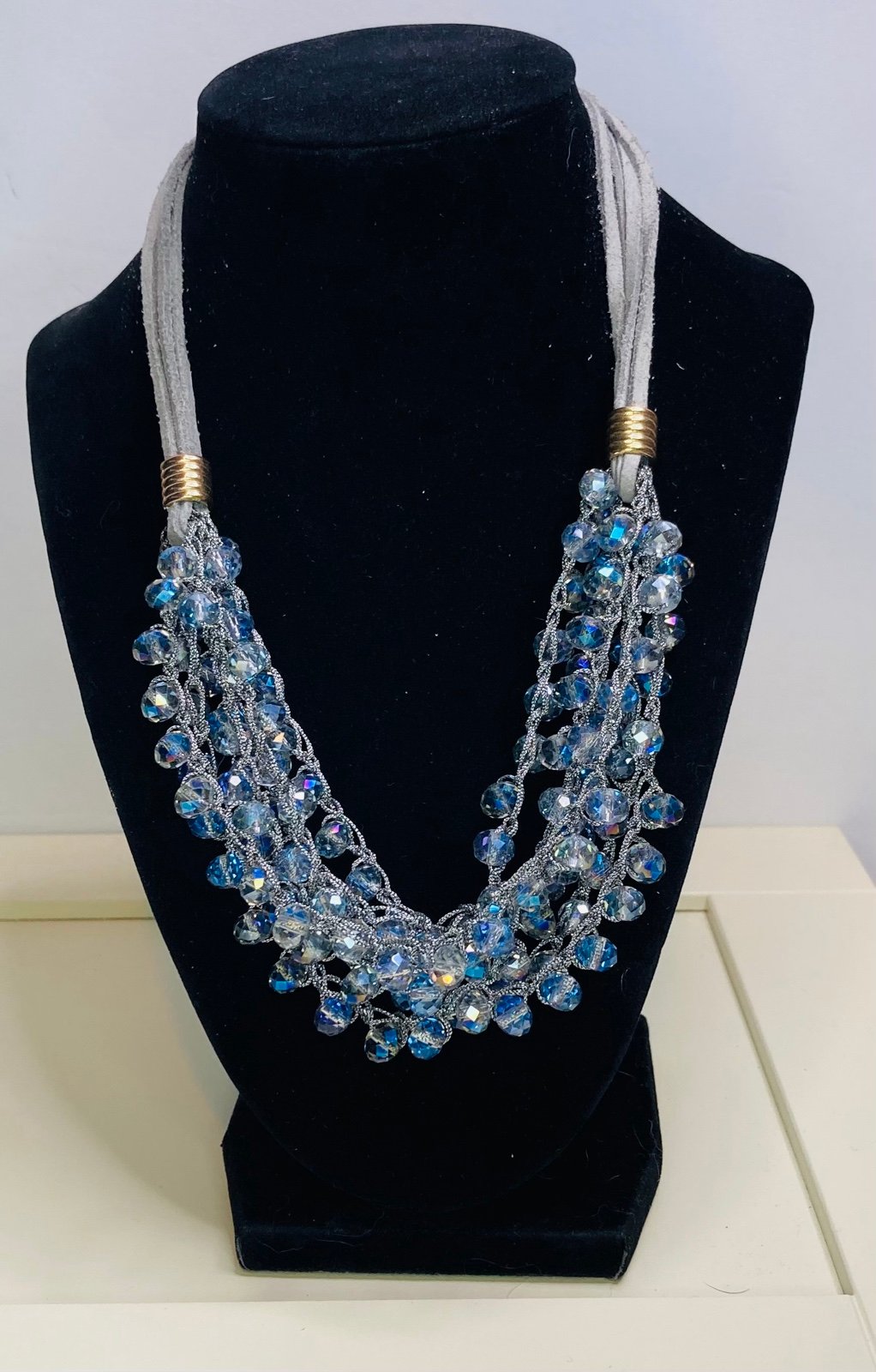 GLASS BLUE IRIDESCENT SCOOP NECKLACE LEATHER