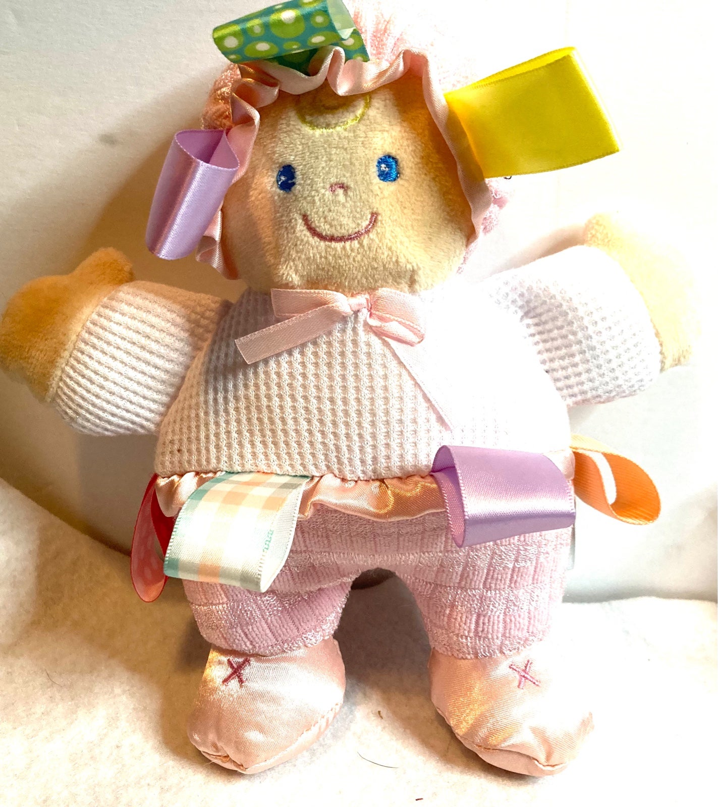 Taggies BABY DOLL Waffle Weave Soft Stuffed 8in Pink White Plush Lovey Tags