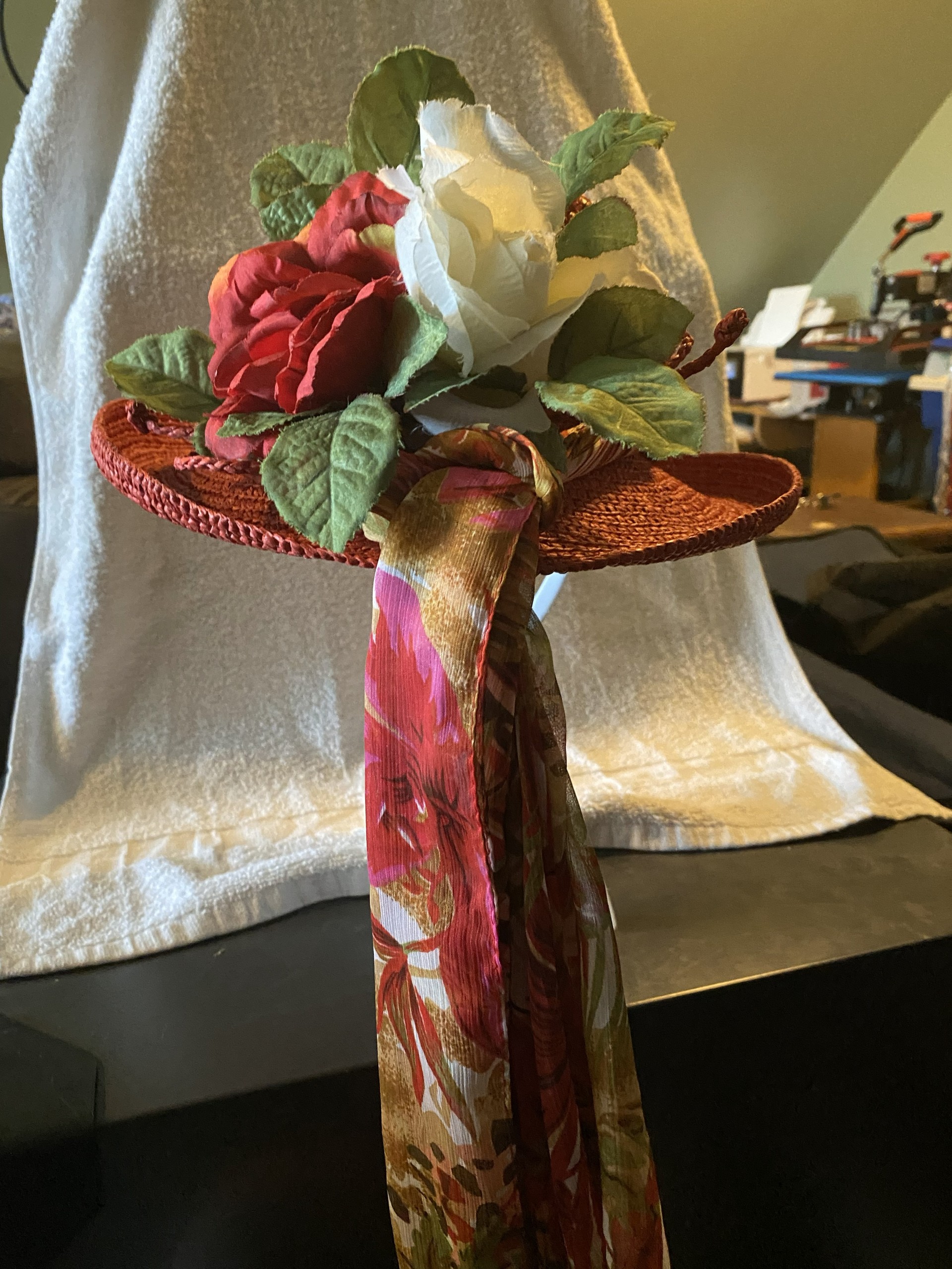 Red and White Rose Red Straw Bonnet with Red printed Scarf