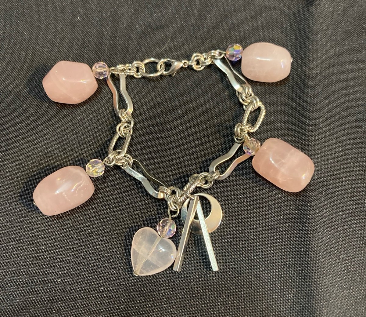 Rose Quartz charm bracelet heart charm silvertone