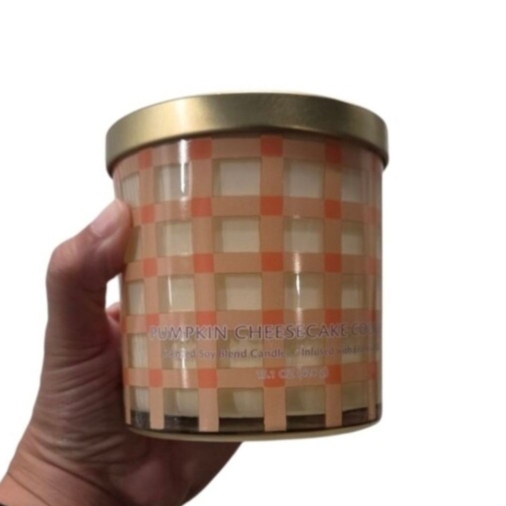2022 Target Opalhouse Pumpkin Cheesecake Candle Jar Peach and Gold Plaid