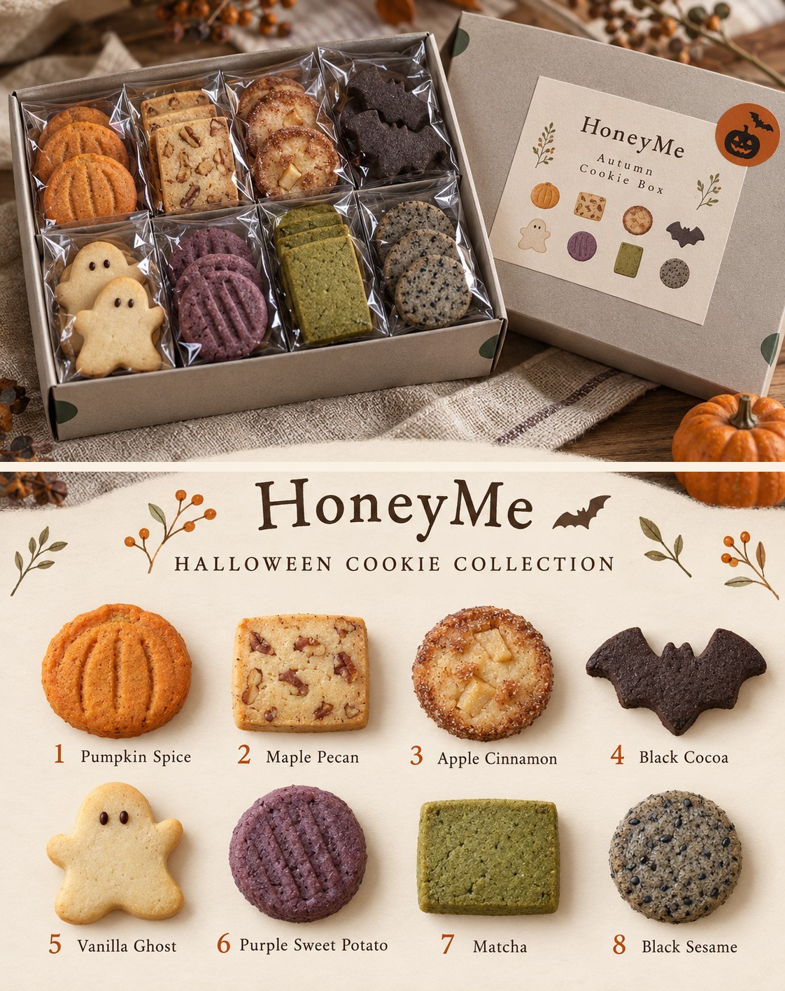 HoneyMe Halloween Cookie Box with all 8 flavors shown