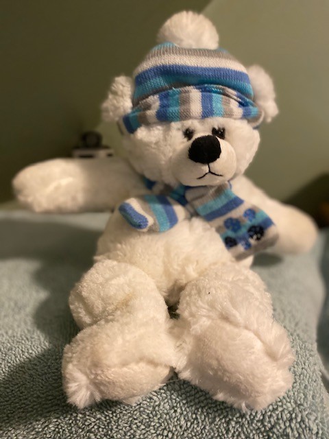 White Soft Winter Bear with Blue and Gray striped Snowflake Hat and scarf No Tag