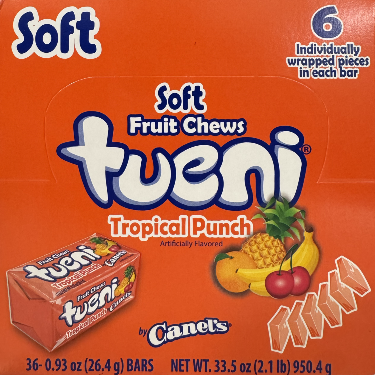 Canels Tueni Soft Fruit Chew Squares Tropical Punch 36 ct Tray