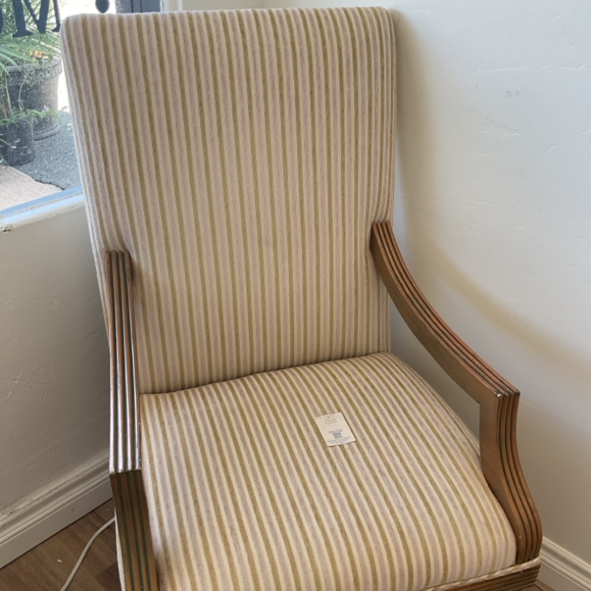 striped gold and cream upholstered armchairs 2