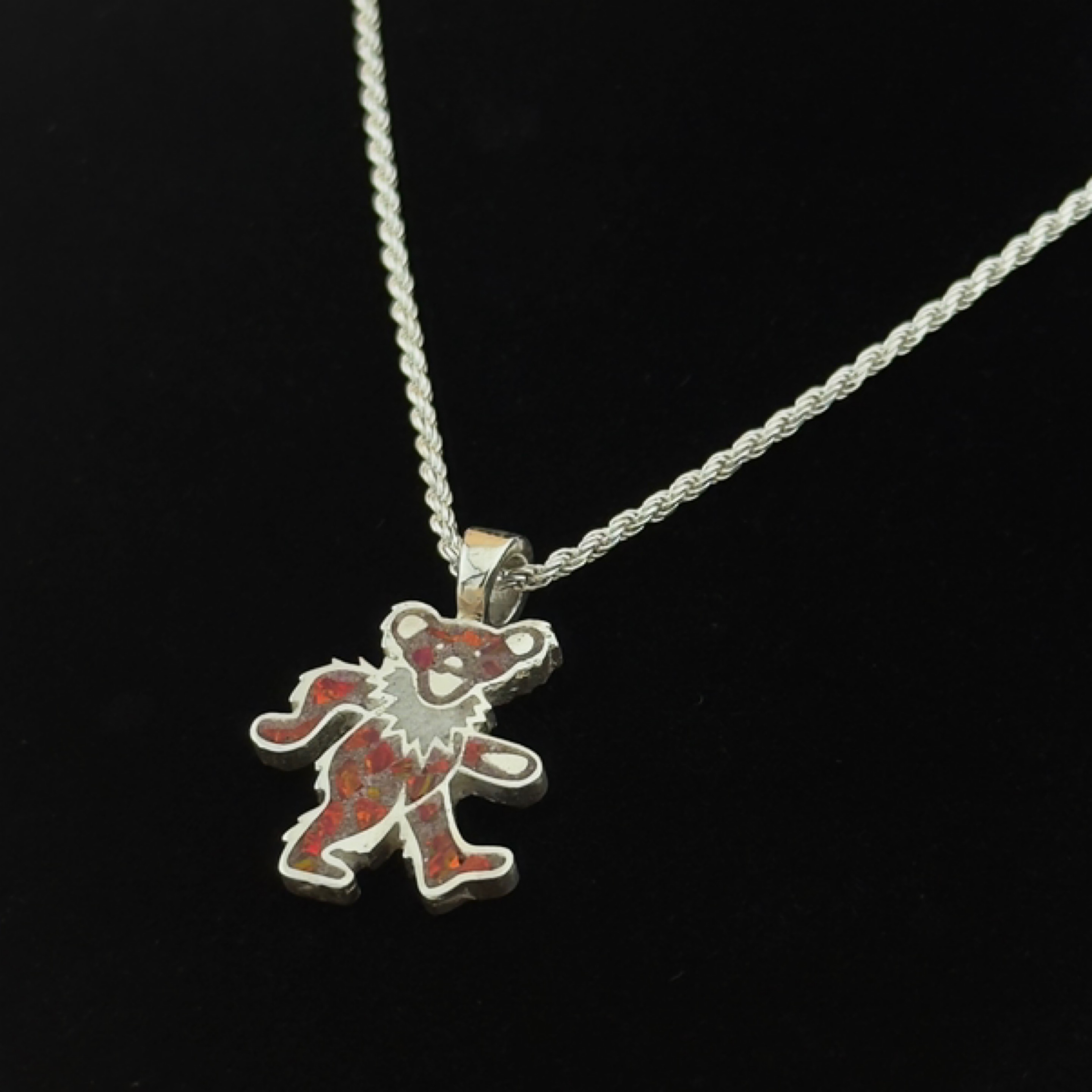 Marching Bear Pendant – Ruby / Quartz / Crushed Opal Inlay, 925 Sterling Silver