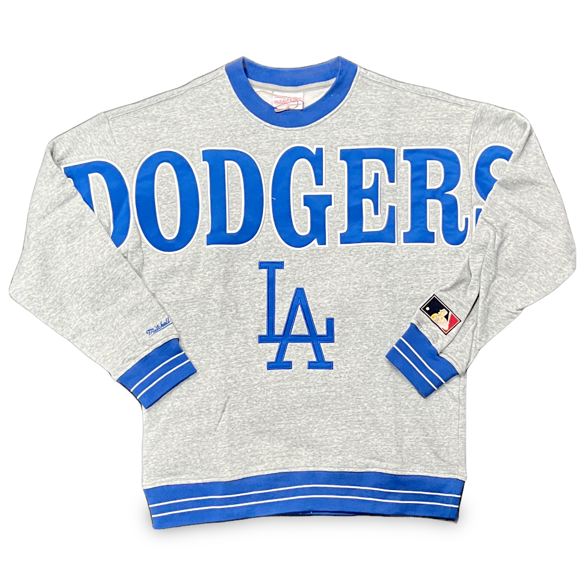 Los Angeles Dodgers Vintage Grey Satin Fleece Mitchell and Ness Crew Sweatshirt