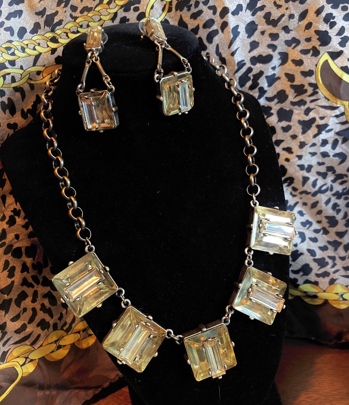 COLDWATER CREEK Brass Tone Golden Square Jeweled Necklace and Earring Set