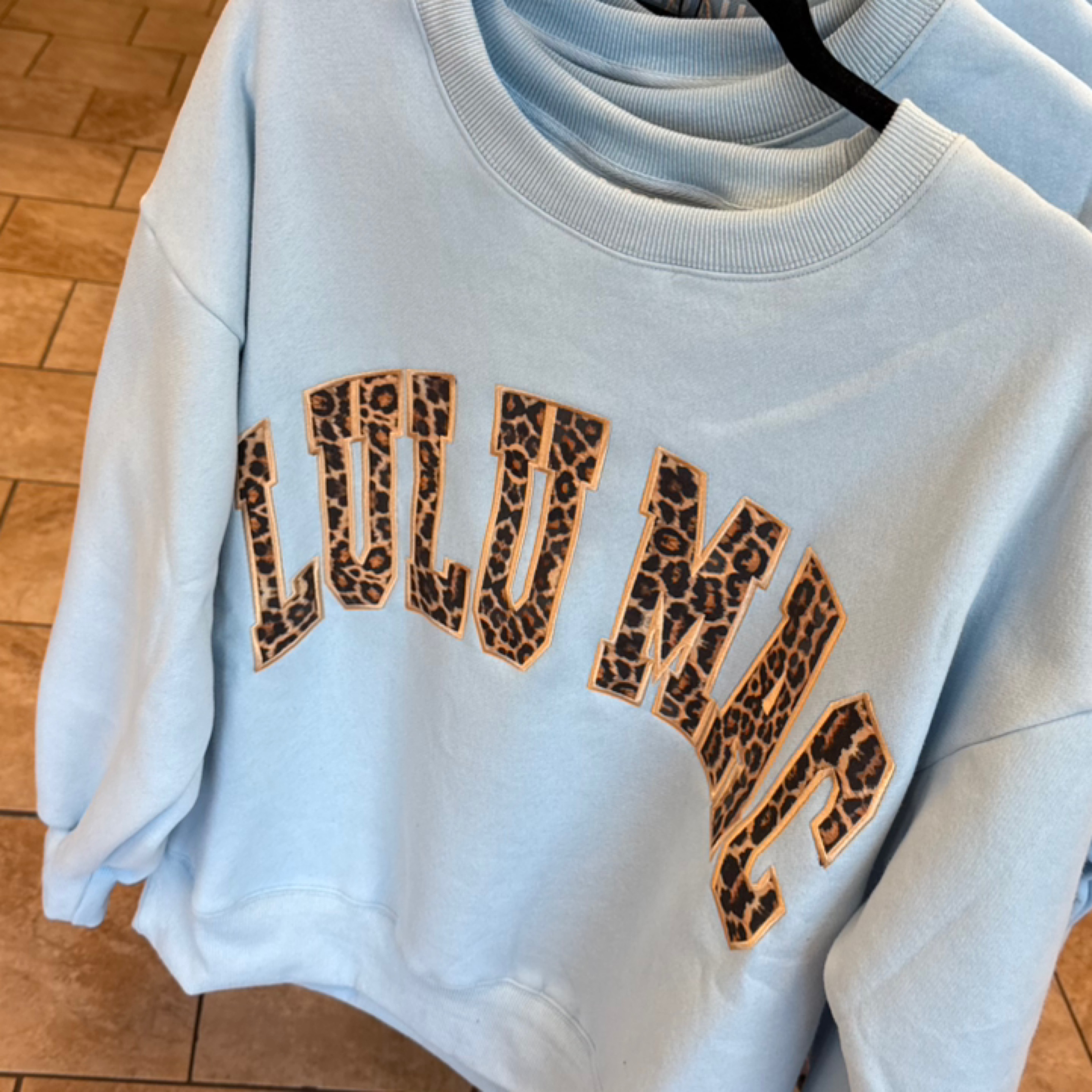 LuluMac sweatshirt lt blue/leopard — Bama Tan boutique, Tuscaloosa AL