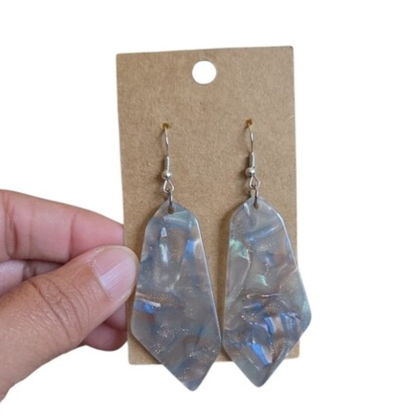 Silver Toned Blue Gold Gray Green Sparkle Iridescent Resin Drop Earrings 3"