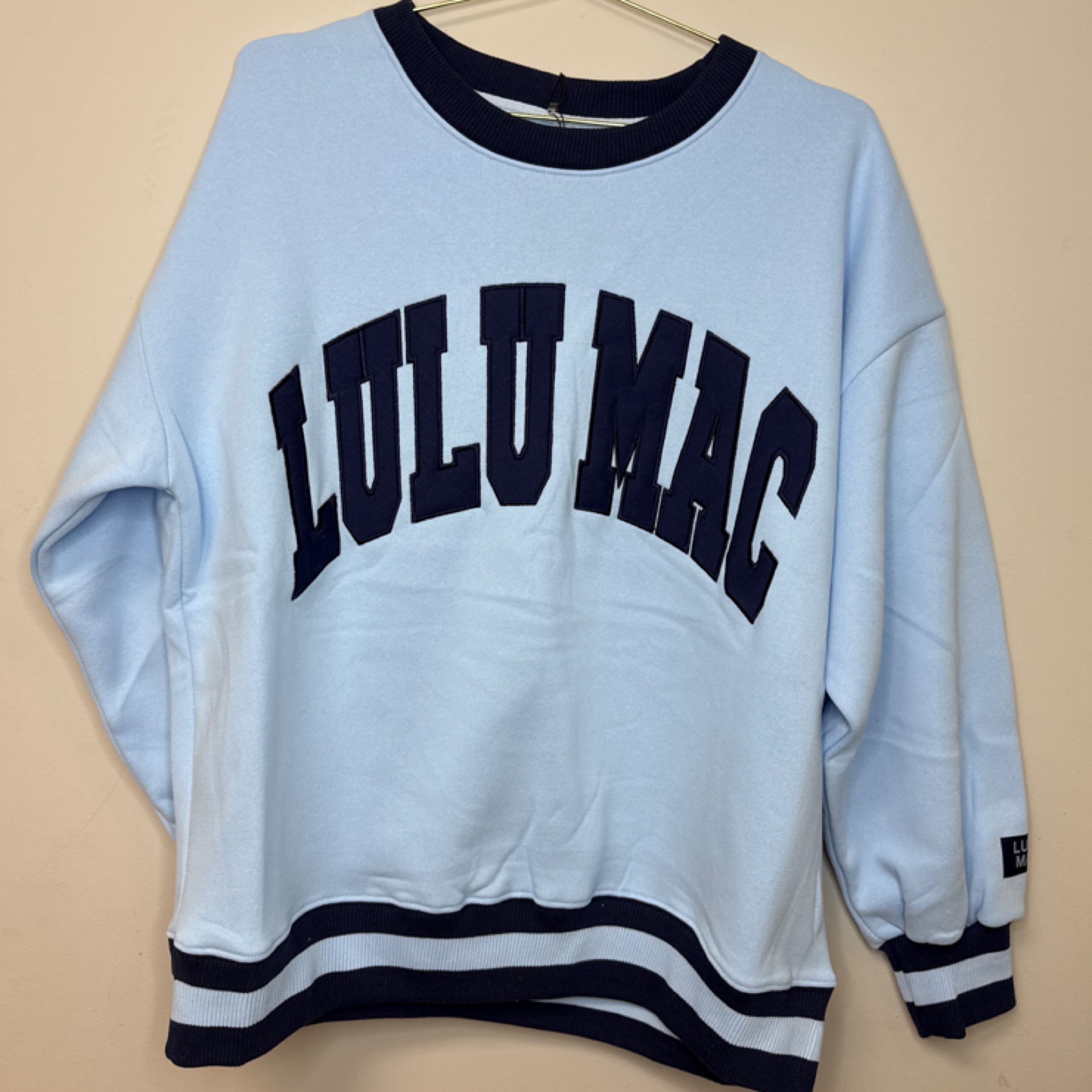 LuluMac sweatshirt lt blue/navy stripe — Bama Tan boutique, Tuscaloosa AL