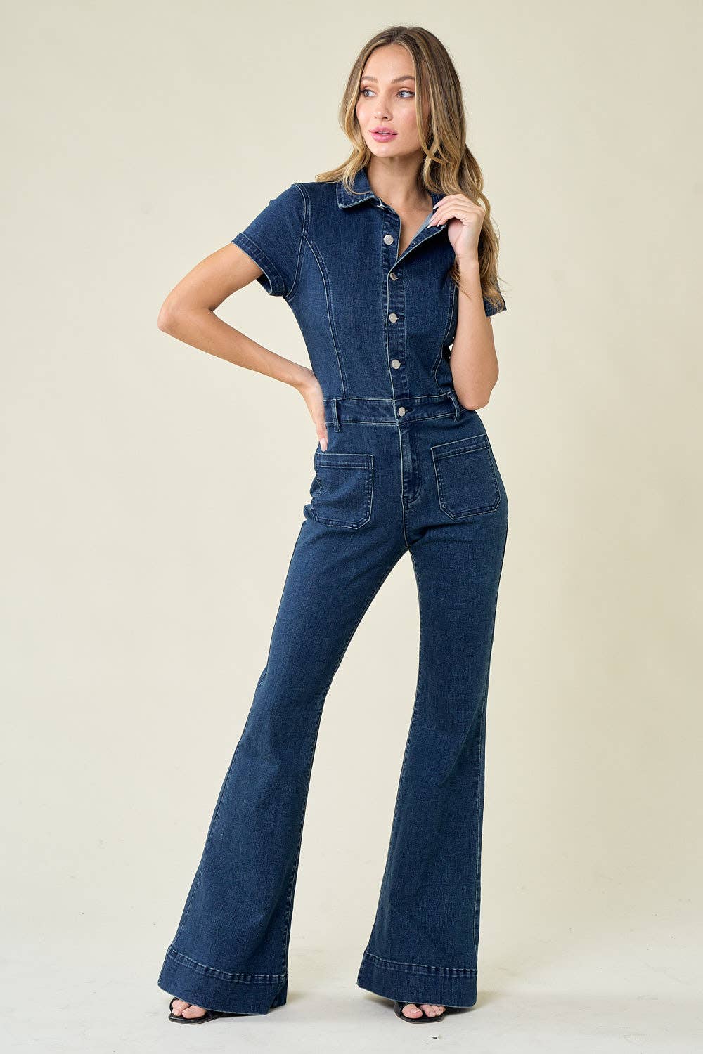 SS23 PREORDER BELLBOTTOM DENIM JUMPSUIT - W4330RIA: L, DARK DENIM