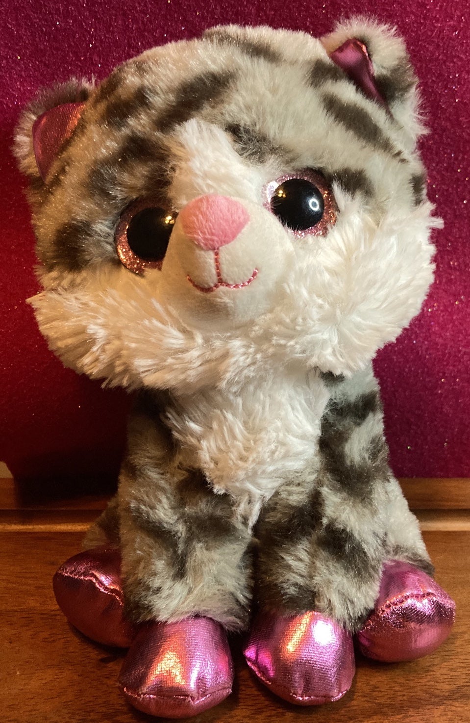 HUGFUN Grey cuddle Kitten with Big Pink Sparkle Eyes and Pink Ears and Paws
