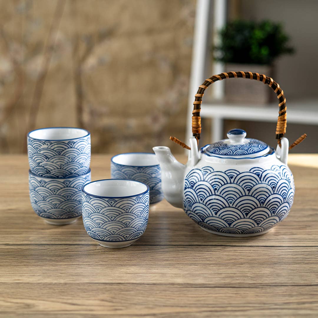Japanese Seikaiha Waves Tea Set 22oz Tea Pot with 4 Cups (1/12)