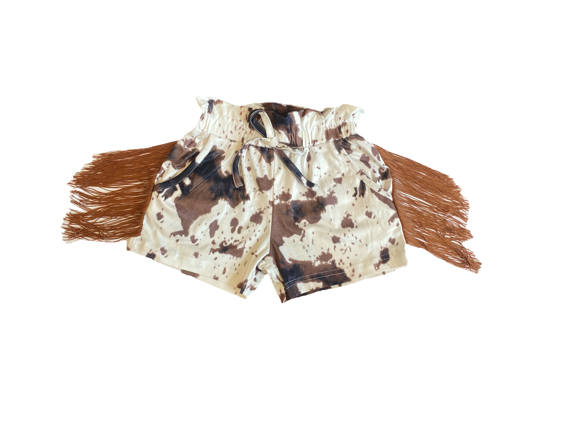 Brown Cowprint Shorts w/Fringe