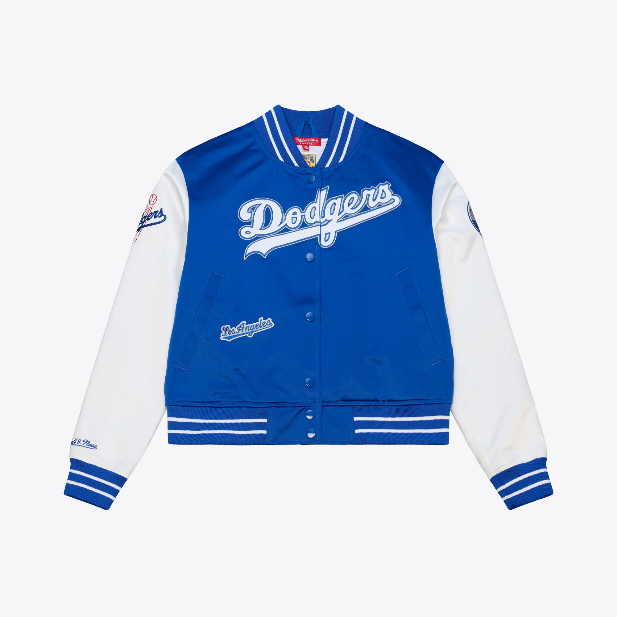 Los Angeles Dodgers Ladies Double Clutch Mitchell and Ness Crop Satin Jacket