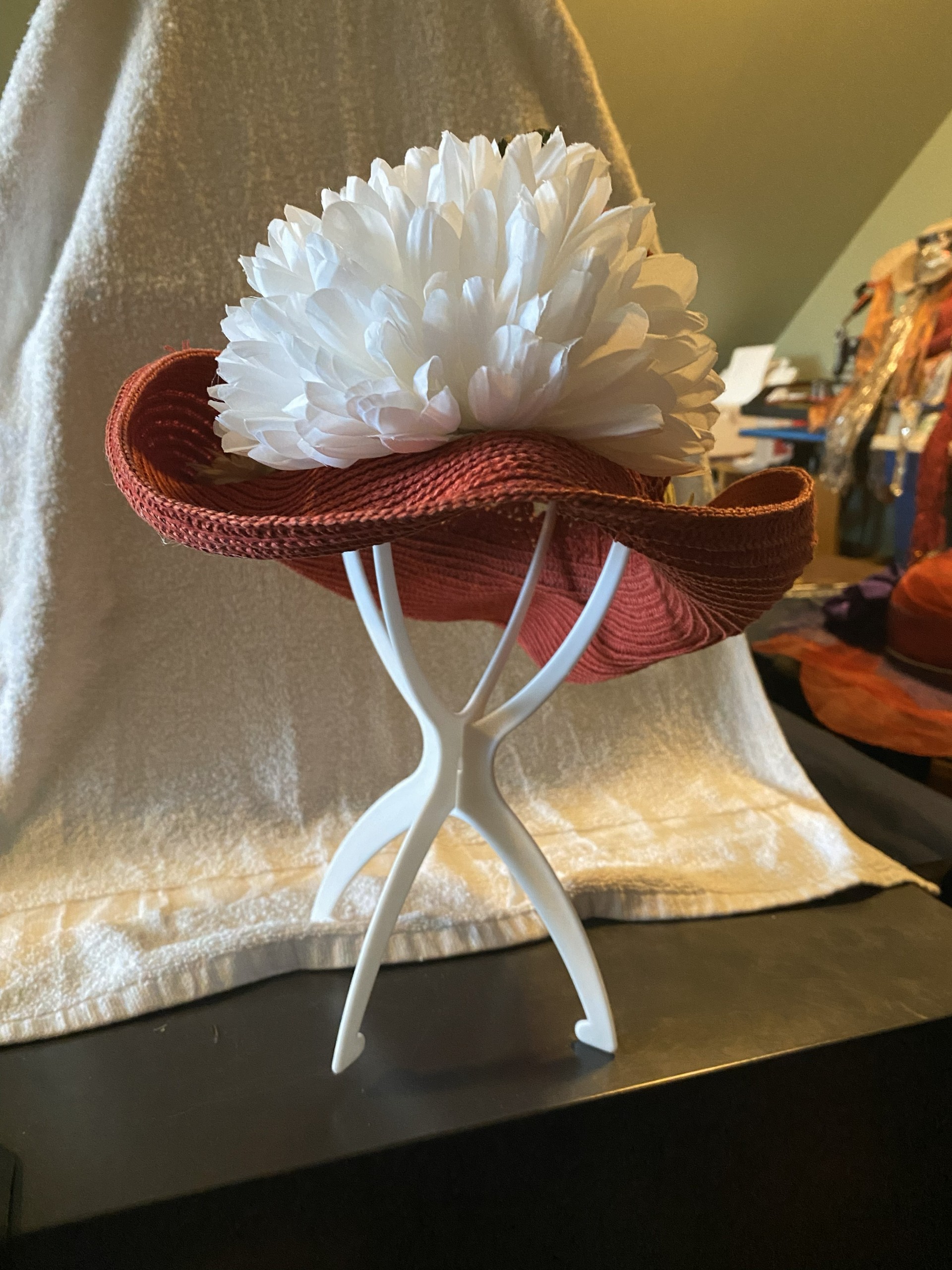 White Blossoms Red Straw Bonnet