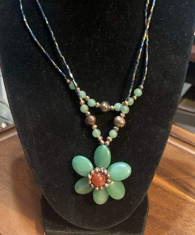 Green Jade Flower Double Iridescent glass bead necklace