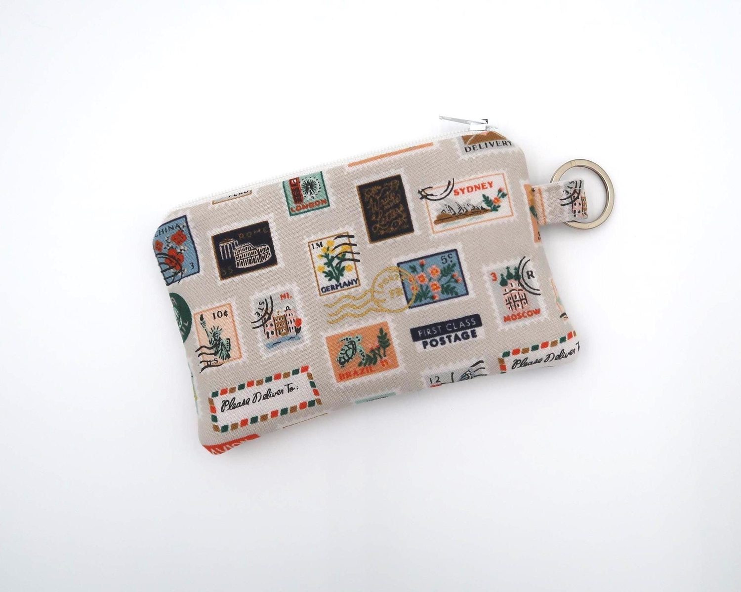 Keychain Pouch – Postage Stamps, Tan