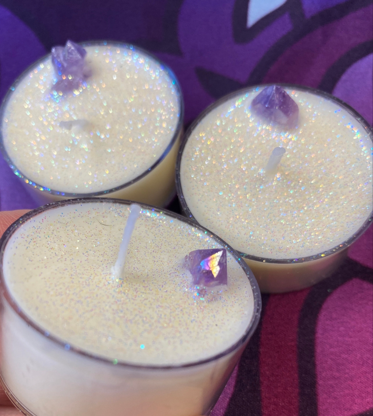 Universal Light-Unscented Set of Three Soy Handcrafted Enchanted Tea Lights-Amethyst Aura-Reiki Infused