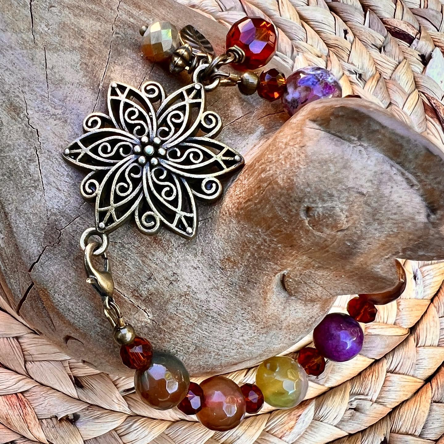 Size 7’ Tibetan Antique Brass Star Filligree with Multi Color- Faceted Agate 10mm Beads, Crystal Spacer Beads & Czech Glass Dangle & Lobster Clasp all on Soft Flex Wire.
