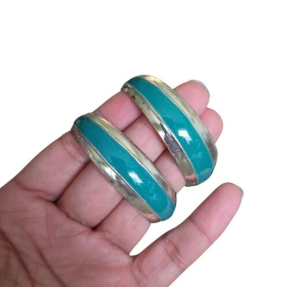 Vintage Silver Toned Turquoise Enamel Hinged Hoop Earrings 2"
