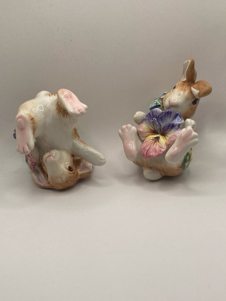 Fitz and Floyd Tumbling Rabbits figurines, likely from the Halcyon collection