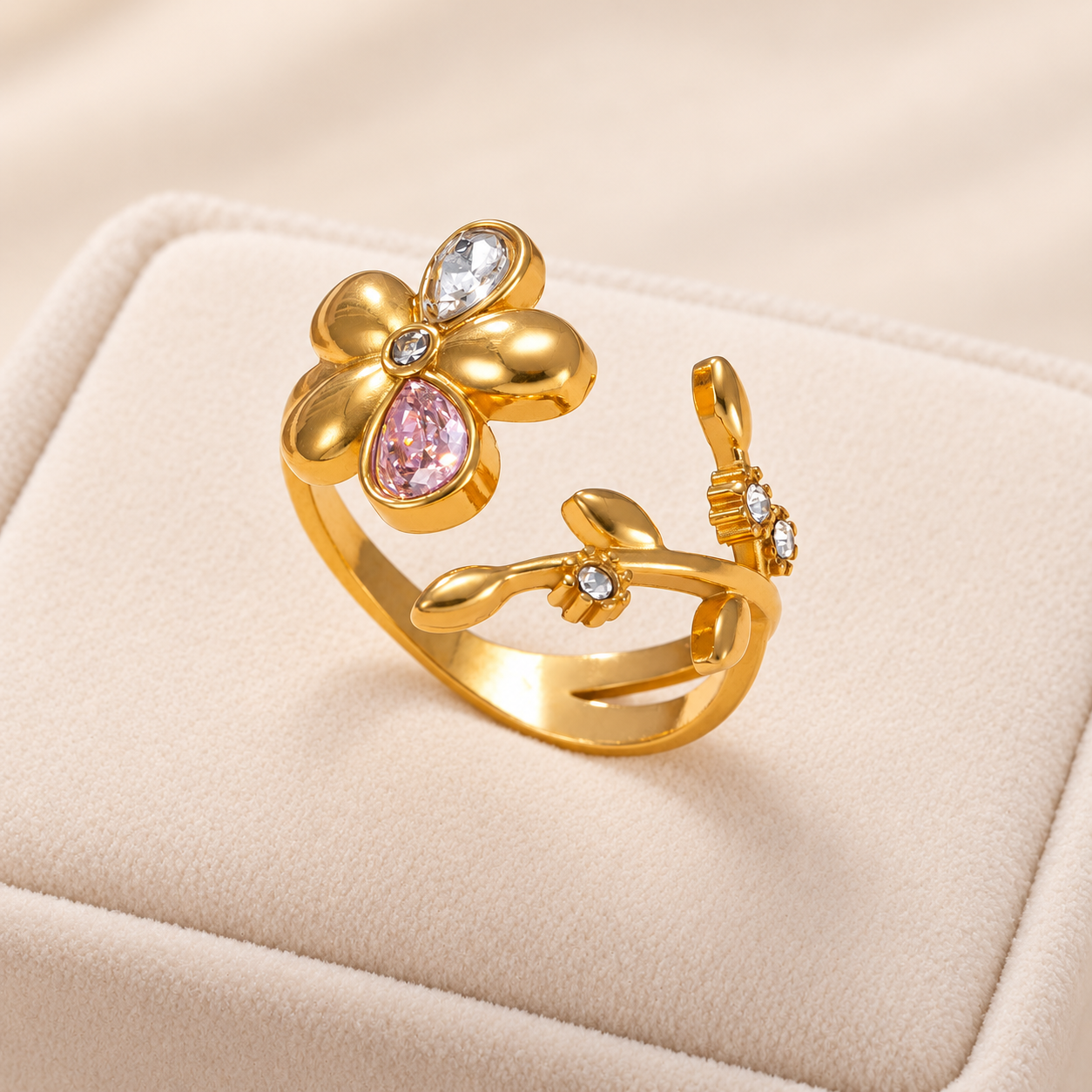 18K Gold Plated 304 Stainless Steel Flower Adjustable Ring
