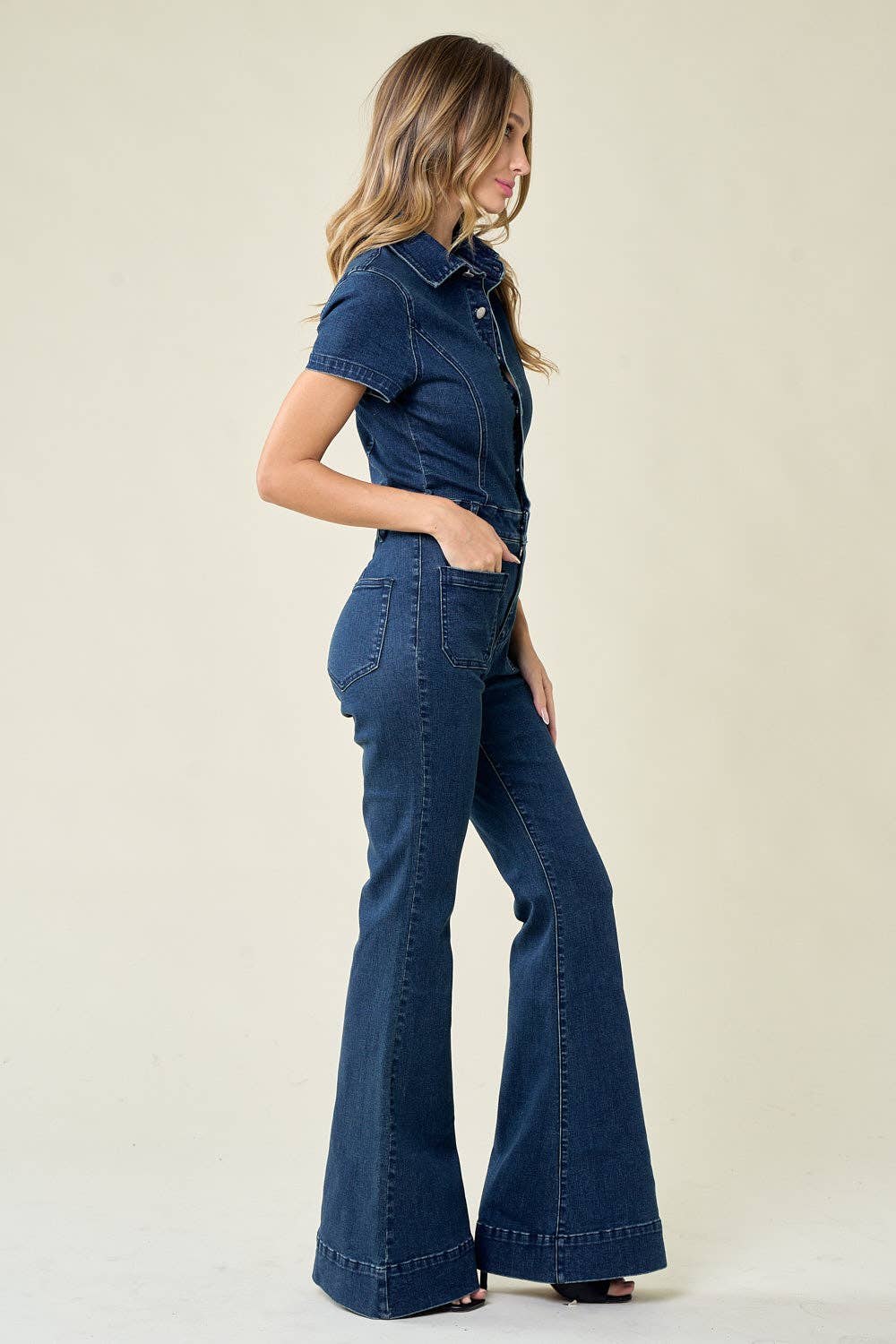 SS23 PREORDER BELLBOTTOM DENIM JUMPSUIT - W4330RIA: L, DARK DENIM