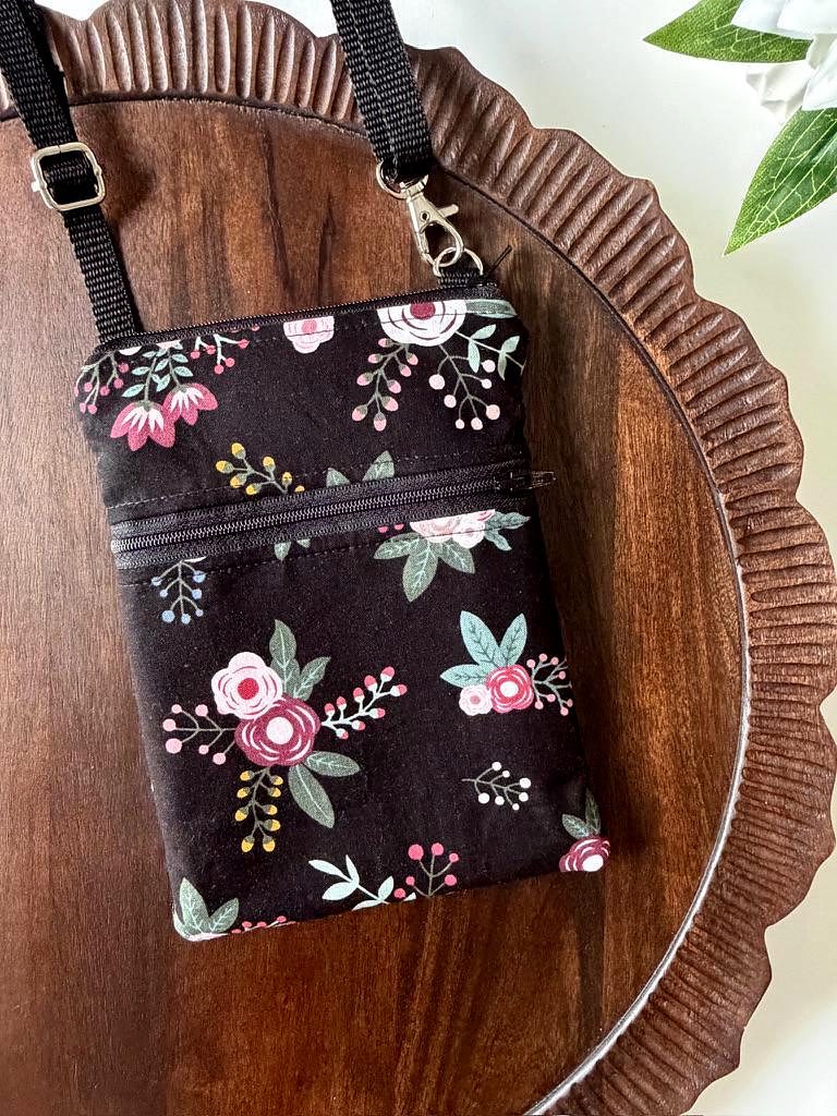Small Crossbody Bag – Sweet Floral on Black – handmade crossbody bag