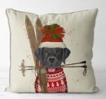 Lab Dog w/skis Pillow 18"