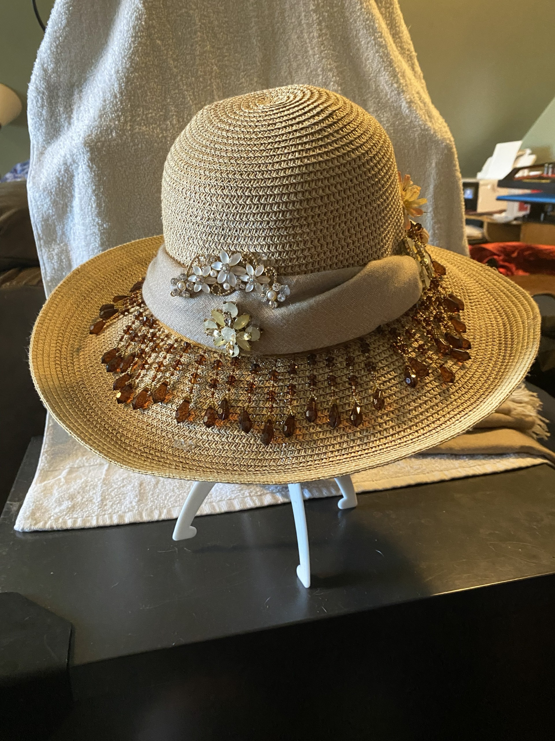 Yellow Flower and Beaded Straw Bonnet with Tan Scarf