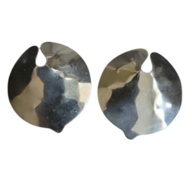 Vintage Silver Tone Hammered Disc Drop Earrings Clip On