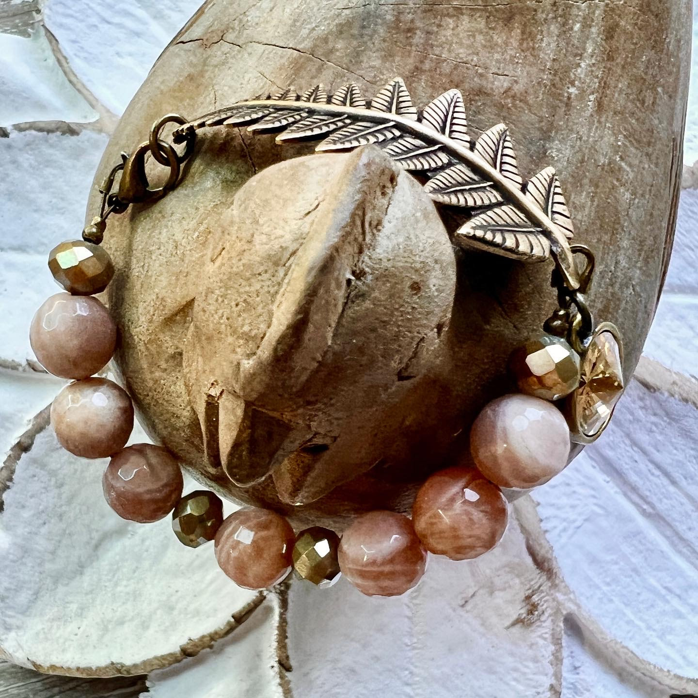 Faceted Peach Moonstone, Swarovski & Fern Bracelet