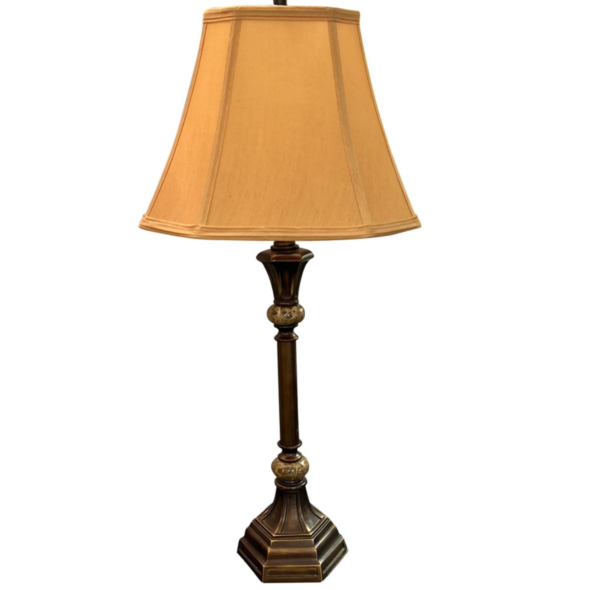 Bronze Finish Metal and Stone Lamp With Custom Silk Shade