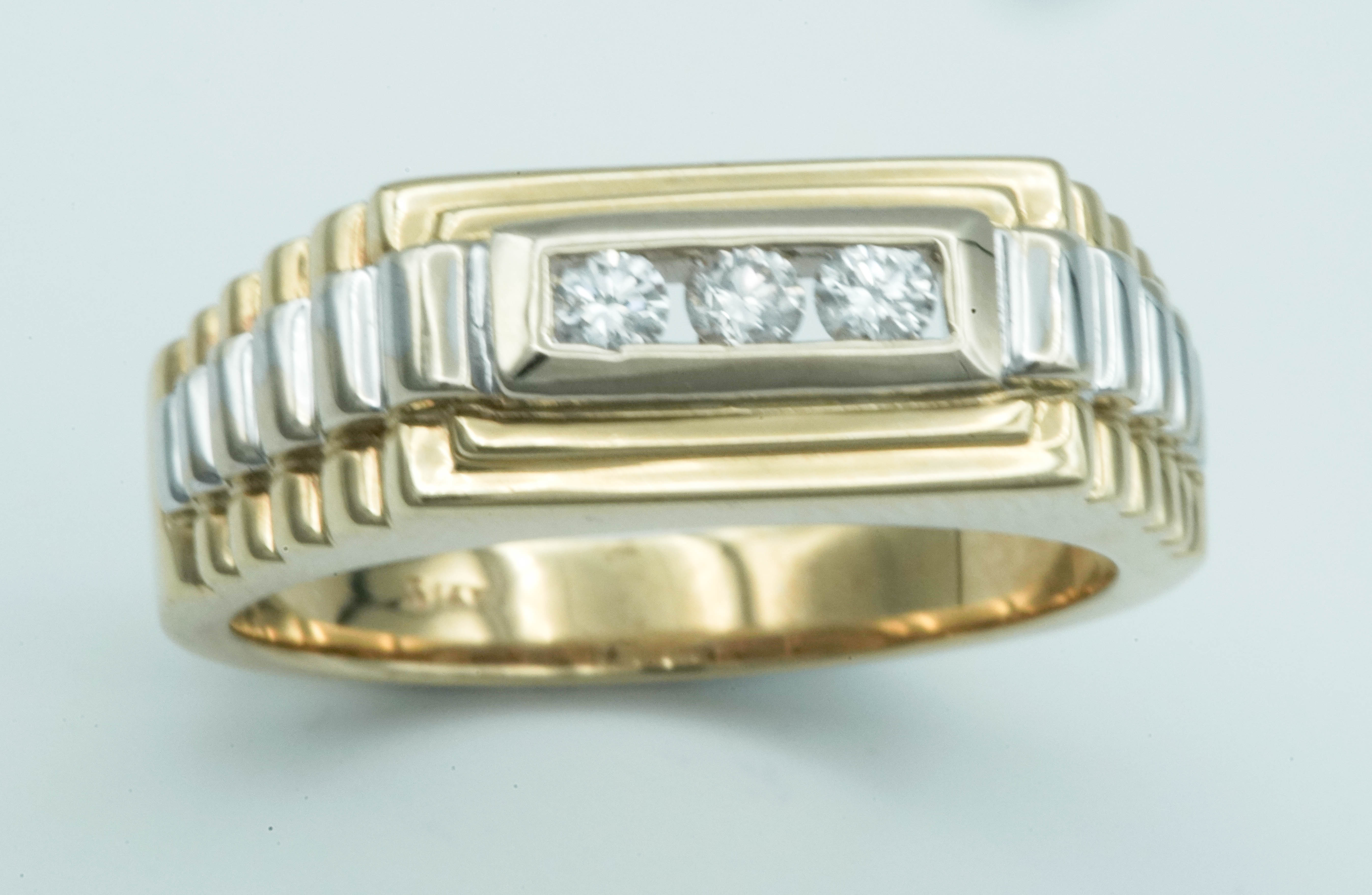 14K-Yellow and White multi level triple diamond mens ring