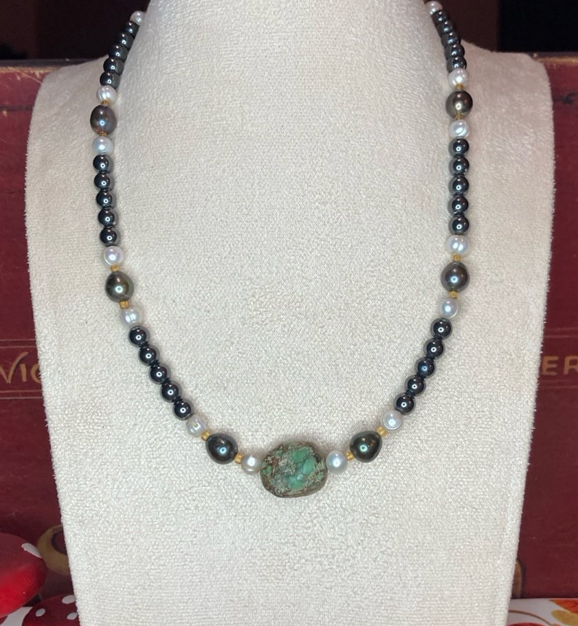 Freshwater Baroque Black white Pearls with Turquoise Rock Accent