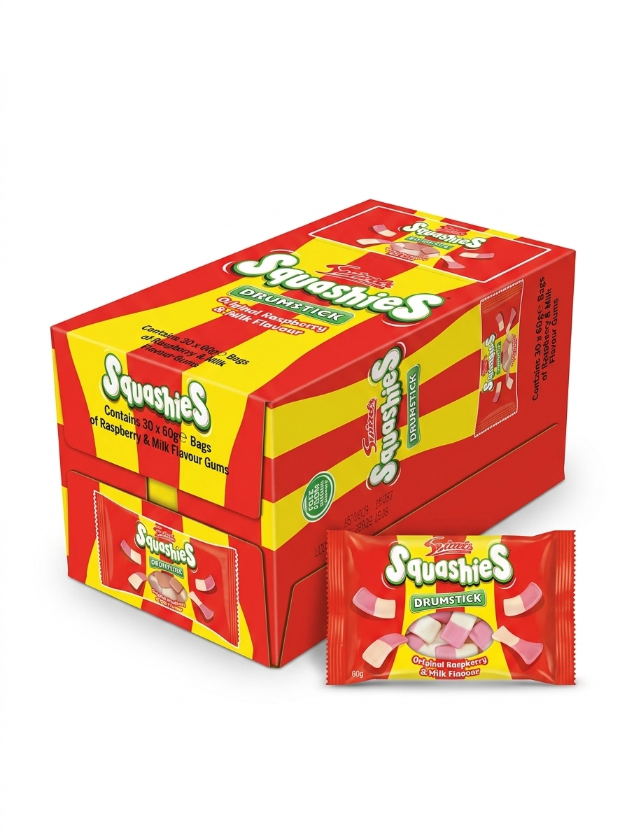 Swizzels UK Squashie Raspberry Drumstick Big Bags 60g 30ct Tray