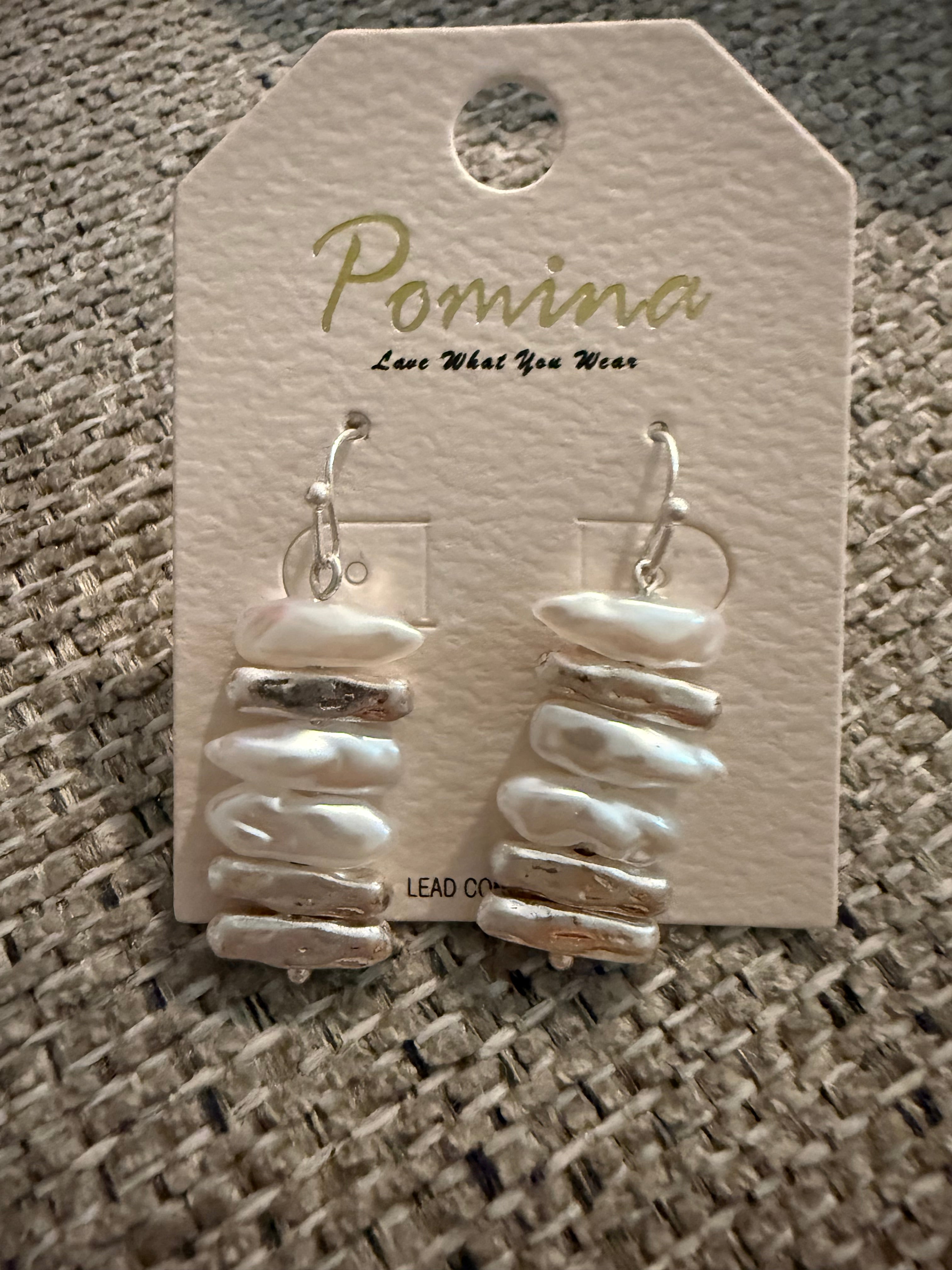 Rectangular Pearl & Silver Hammered Earrings