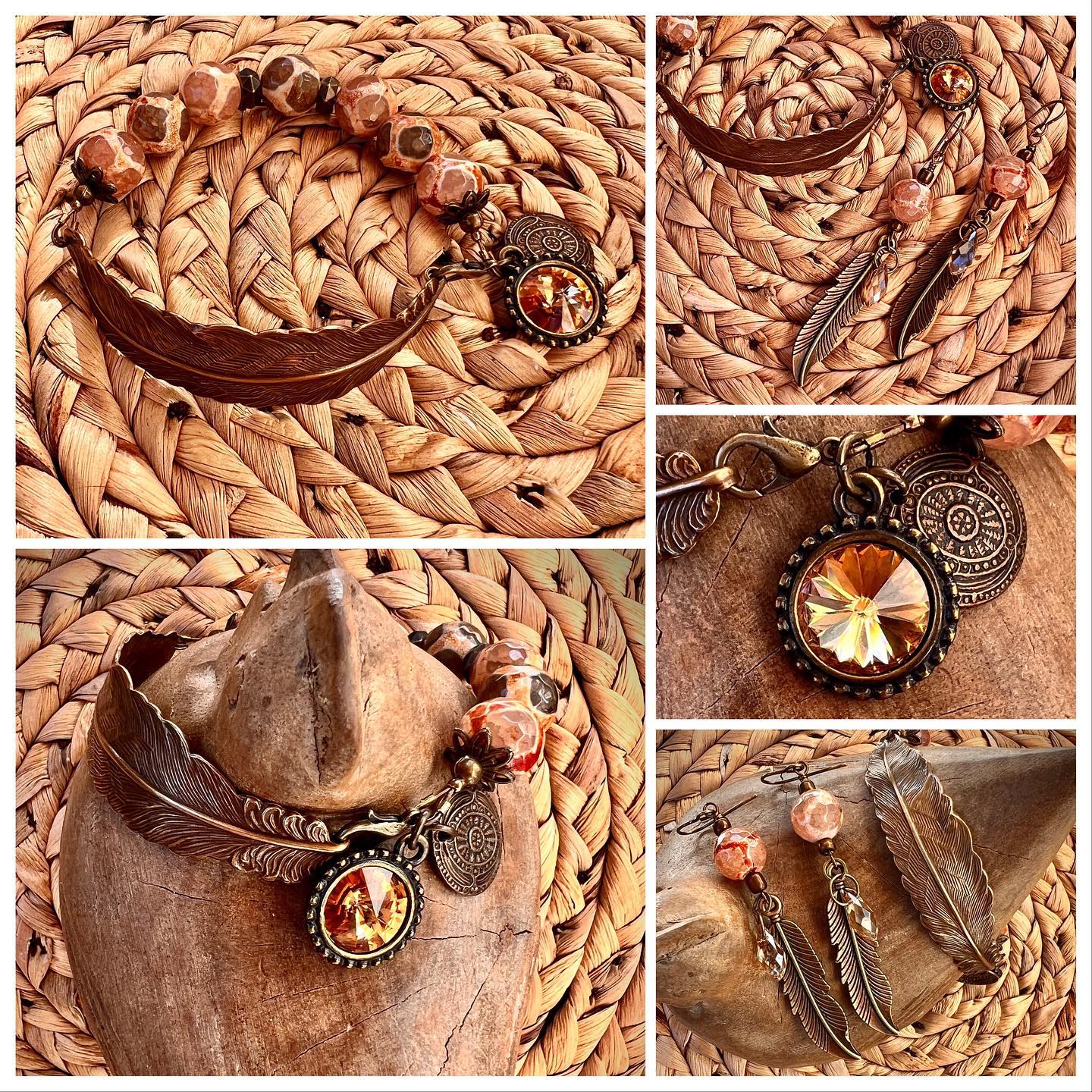 Size 7” Vintaj Natural Brass Feather & 12mm Tibetan Agate + 12mm Topaz Swarovski Rivoli Bracelet