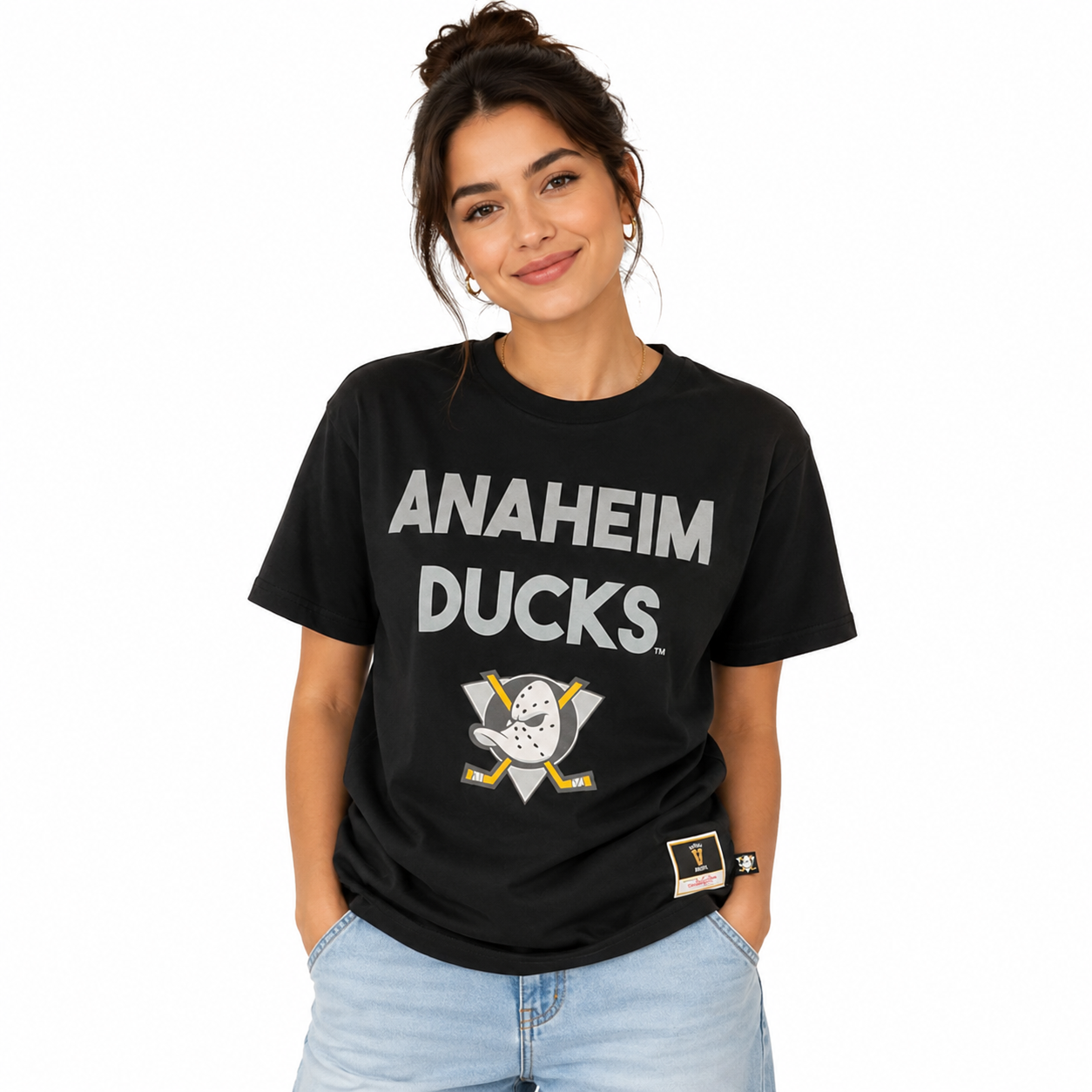 Anaheim Ducks Ladies Black Mitchell and Ness Boyfriend 2.0 Shirt