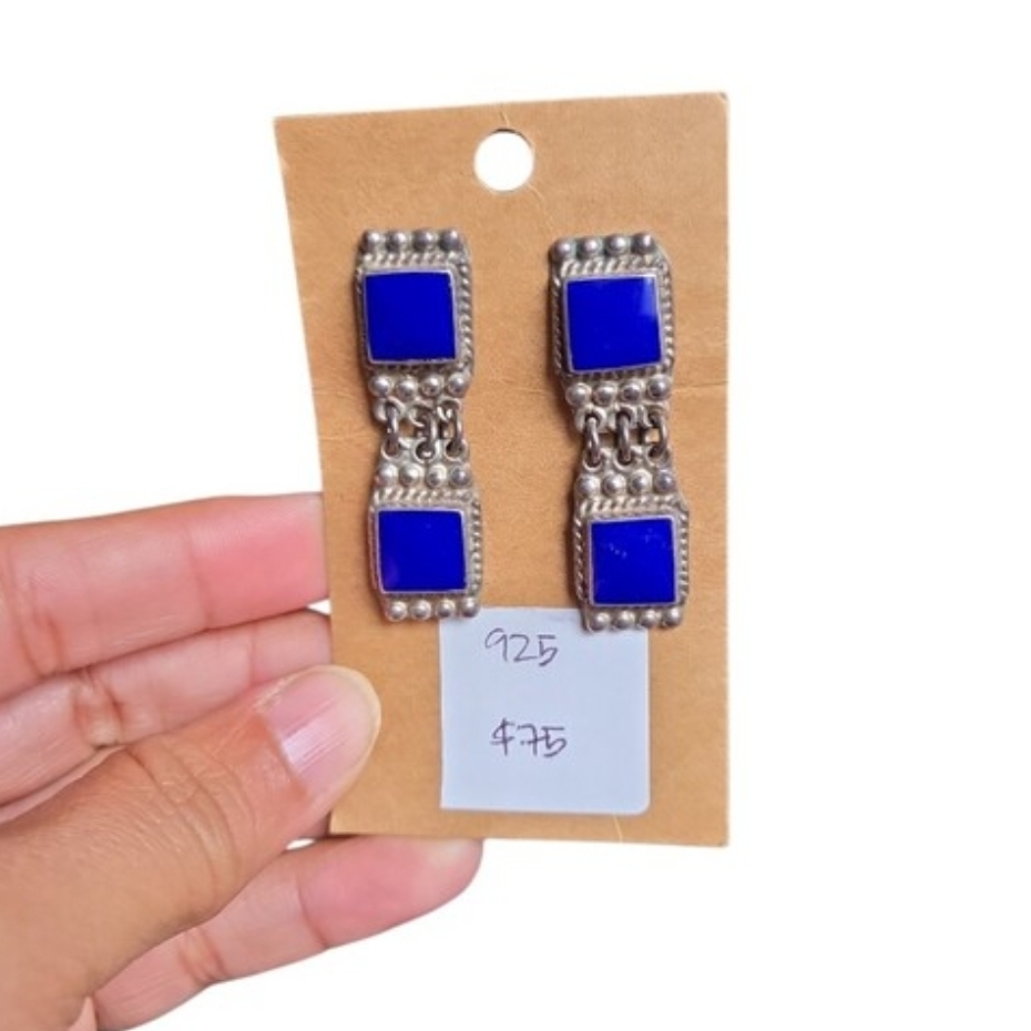 Vintage 925 Mexico Silver Blue Square Drop Earrings 2.25"