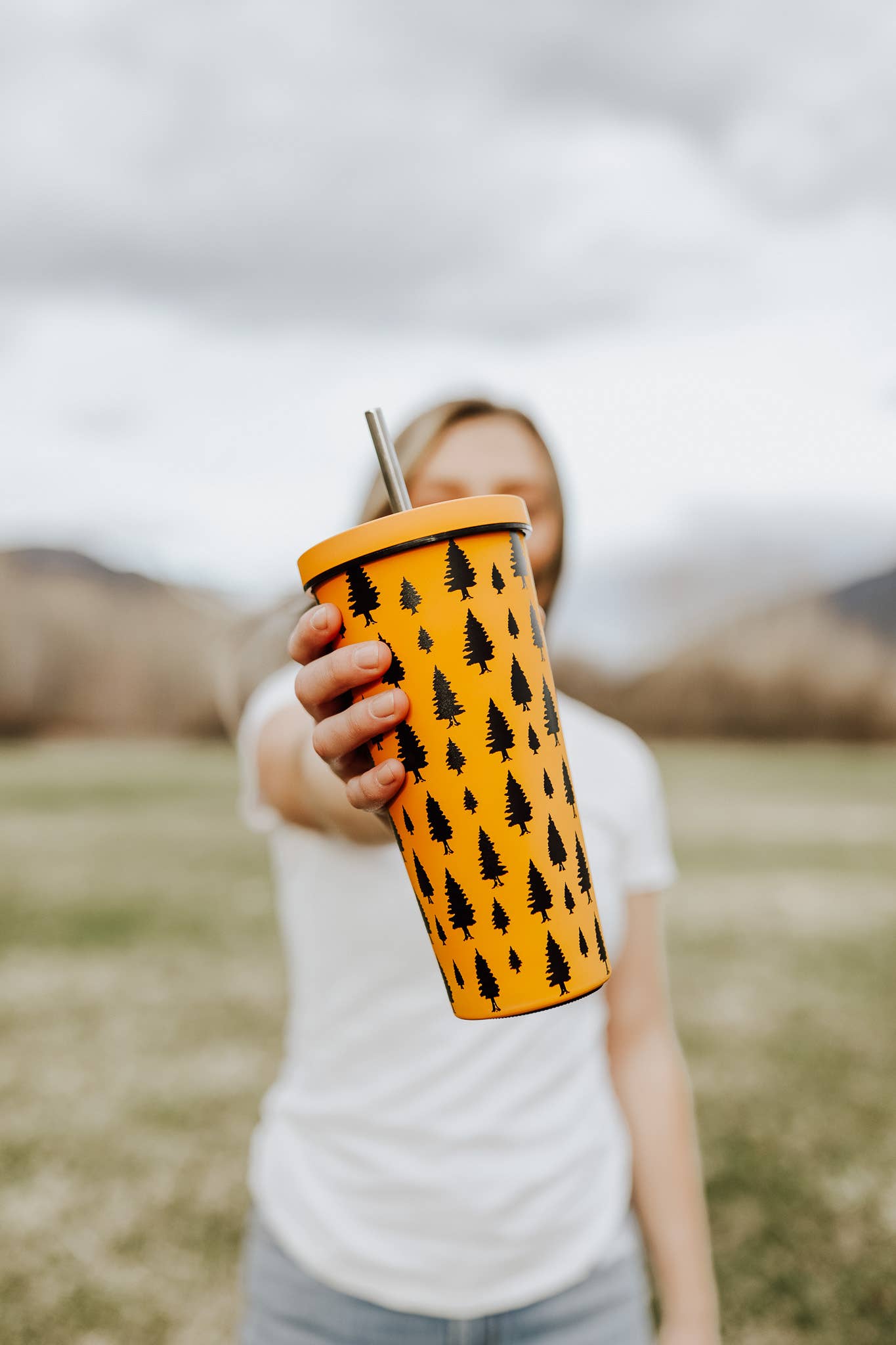 The Montana Scene - Pine Trees Travel Tumbler: Mustard