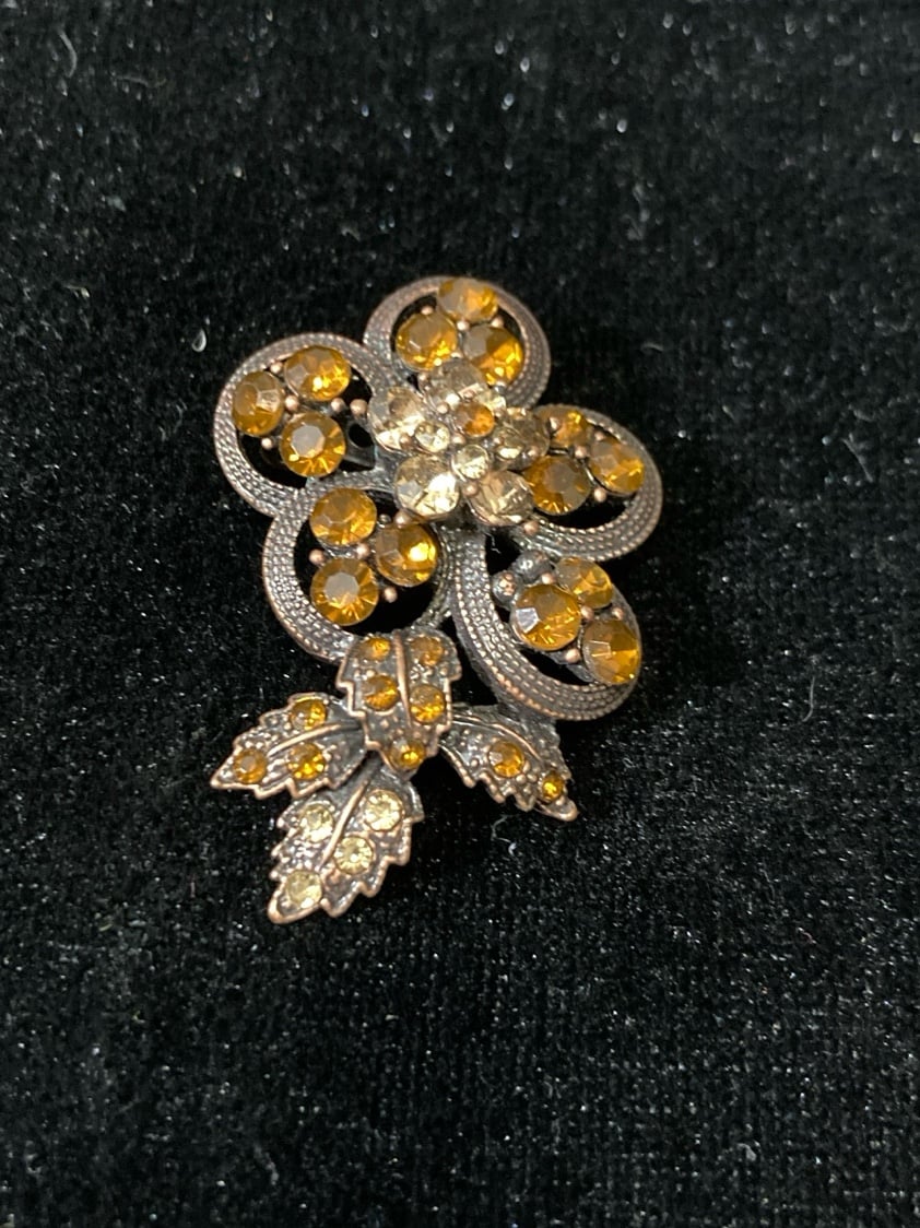 Vintage Amber Rhinestone Flower Brooch