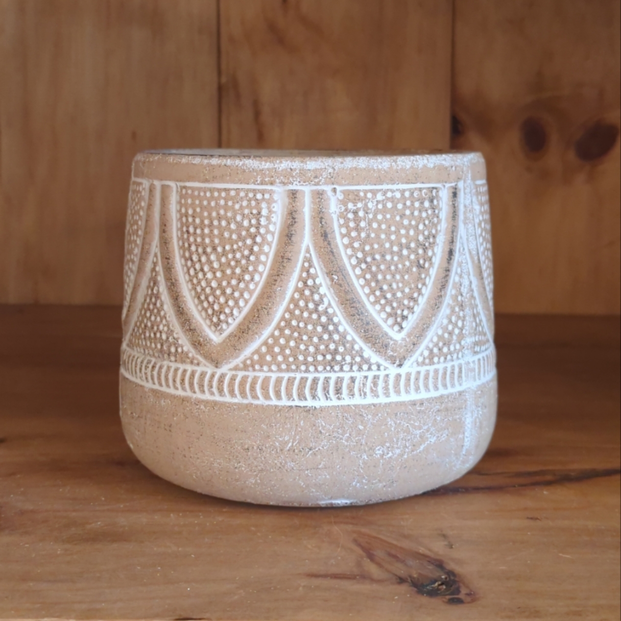 Embossed boho Terracotta pot with white wash finish